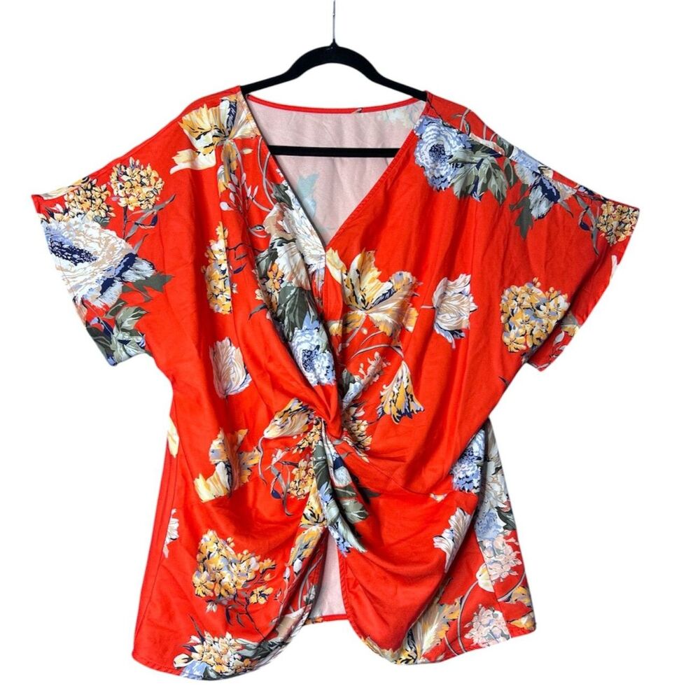 Womens Vibrant Floral Twist-Front Blouse 2XL Knot Flattering Tunic Flowy Resort